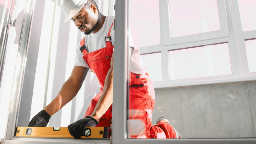 a man in red overalls using a leveler on a window frame.
